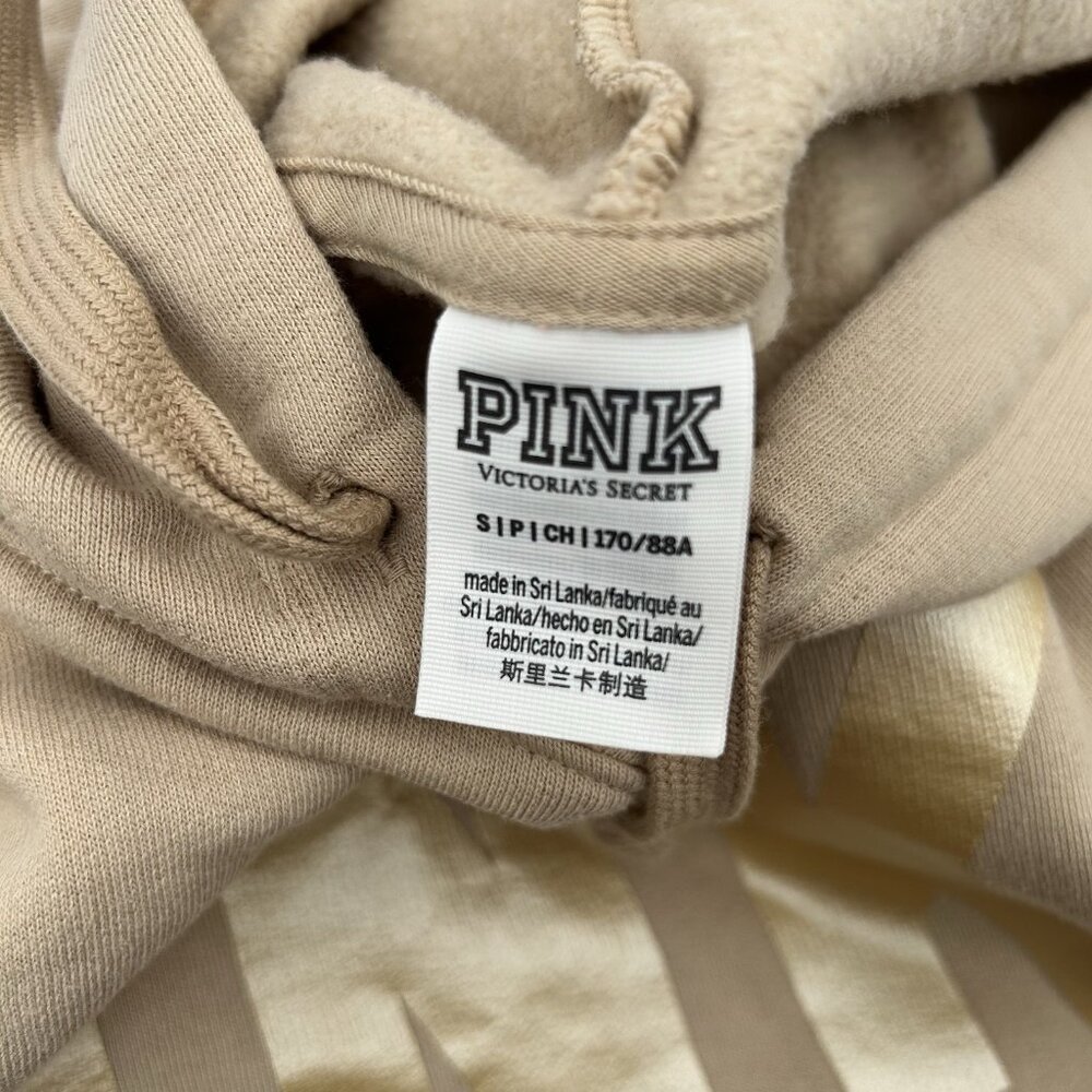 Victoria's Secret PINK Campus Logo Beige Hoodie Gold Logo Fleece Lined Size S - Picture 6 of 7